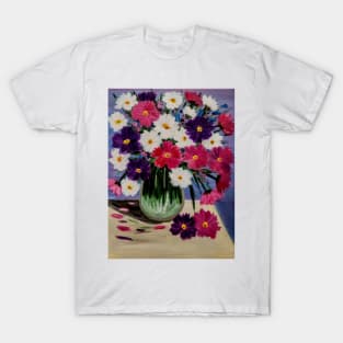 Beautiful pink and purple  and white abstract flowers in a glass vase. T-Shirt